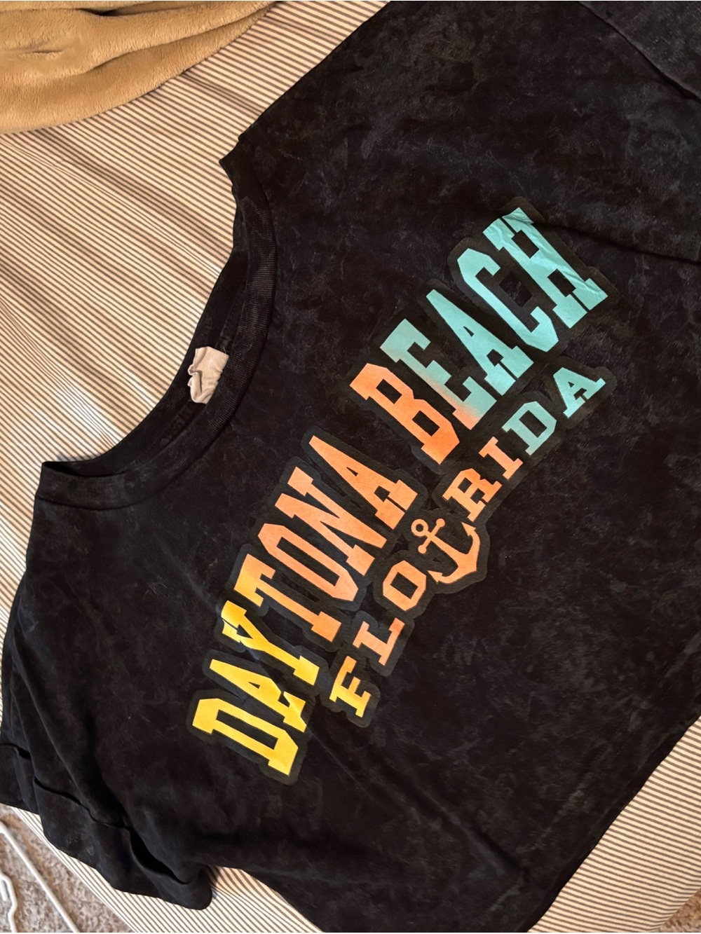 bloom Black Crop Tee with Yellow-Orange-Teal Daytona Beach Print